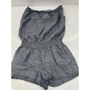 DBL Blue Linen Cotton Strapless Smocked Romper Womens Large Chambray Pockets